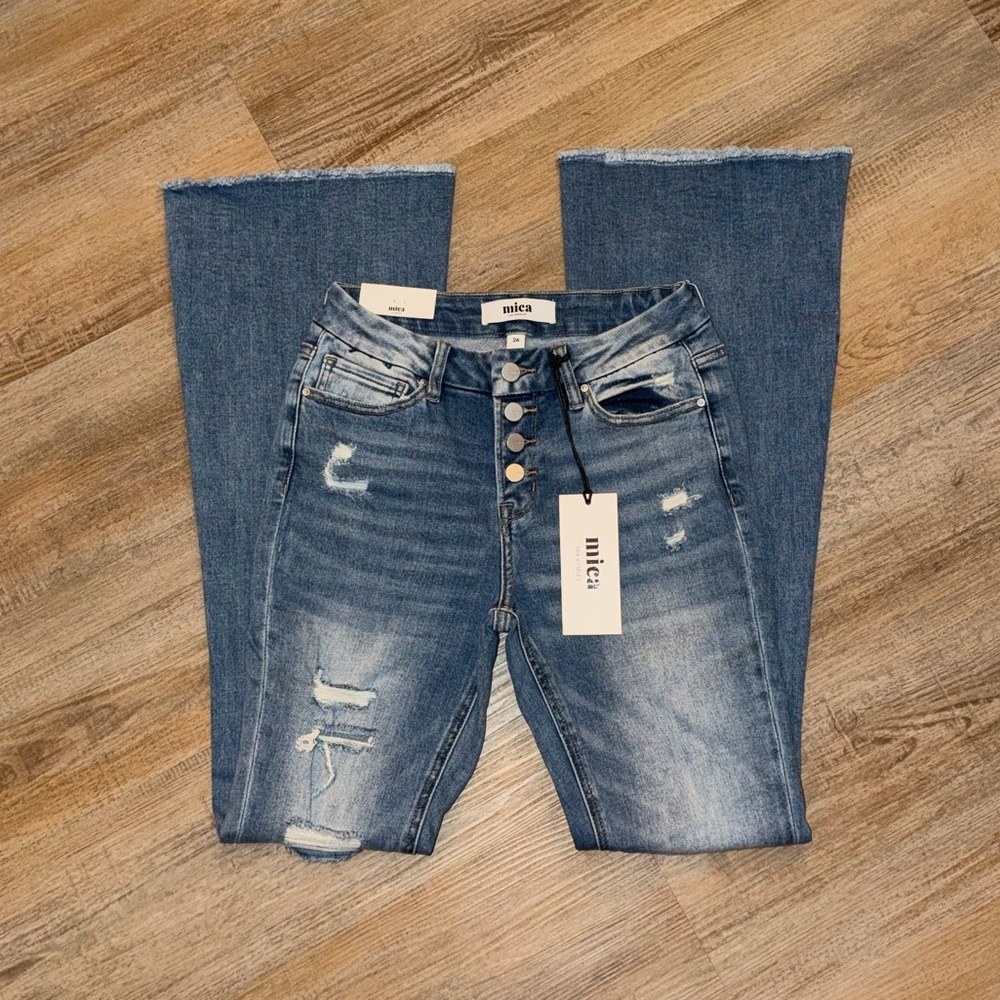 Mica Los Angeles Distressed Medium Blue High-Rise Button-Fly Flare Jeans